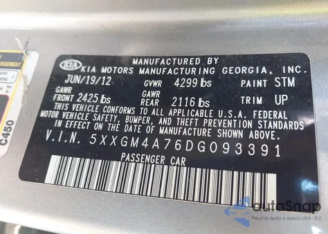 2013 Kia Optima Lx z USA, uszkodzony, nr VIN 5XXGM4A76DG093391